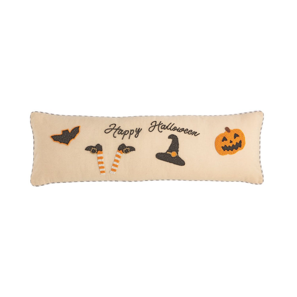 Long Happy Halloween beaded lumbar pillow featuring a bat, witch legs, hat, and jack-o'-lantern.