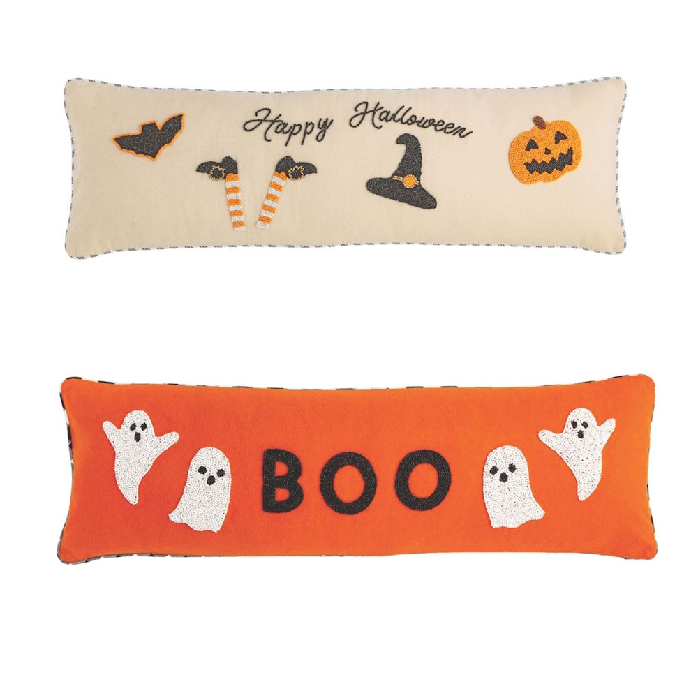 Beaded Halloween lumbar pillows featuring Happy Halloween icons and ghosts with Boo text.