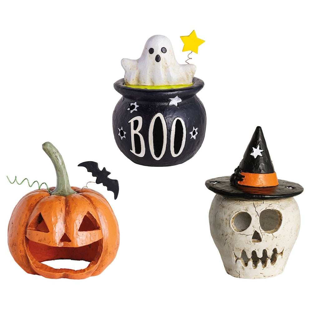 Halloween paper-mache lanterns including an orange pumpkin, ghost in a "BOO" cauldron, and skull wearing a witch hat.