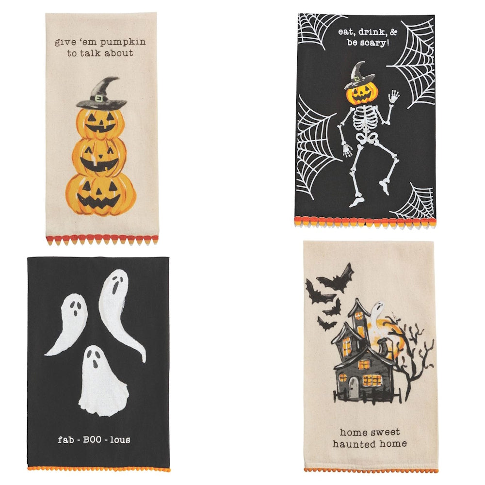 Set of four Halloween kitchen towels featuring ghosts, skeletons, stacked pumpkins, and a haunted house.