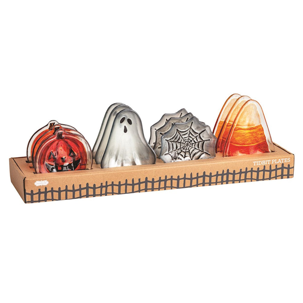Set of Halloween tidbit plates featuring a pumpkin, ghost, spiderweb, and candy corn.