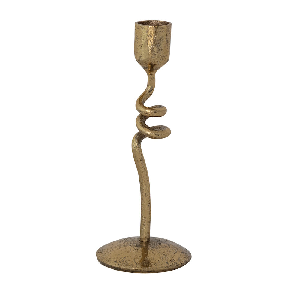 Hand-forged gold iron taper candle holder featuring a distinct spiral stem and round base.