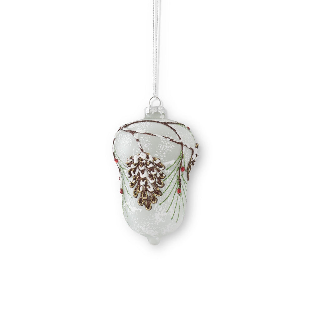 Hand-painted snowy glittered glass ornament with a pinecone, pine needles, and berries.