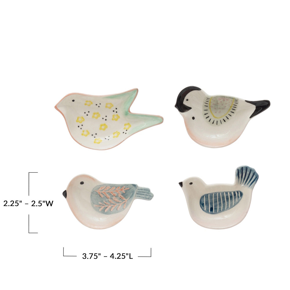 Four hand-painted stoneware bird-shaped dishes in various pastel designs, with dimension labels.