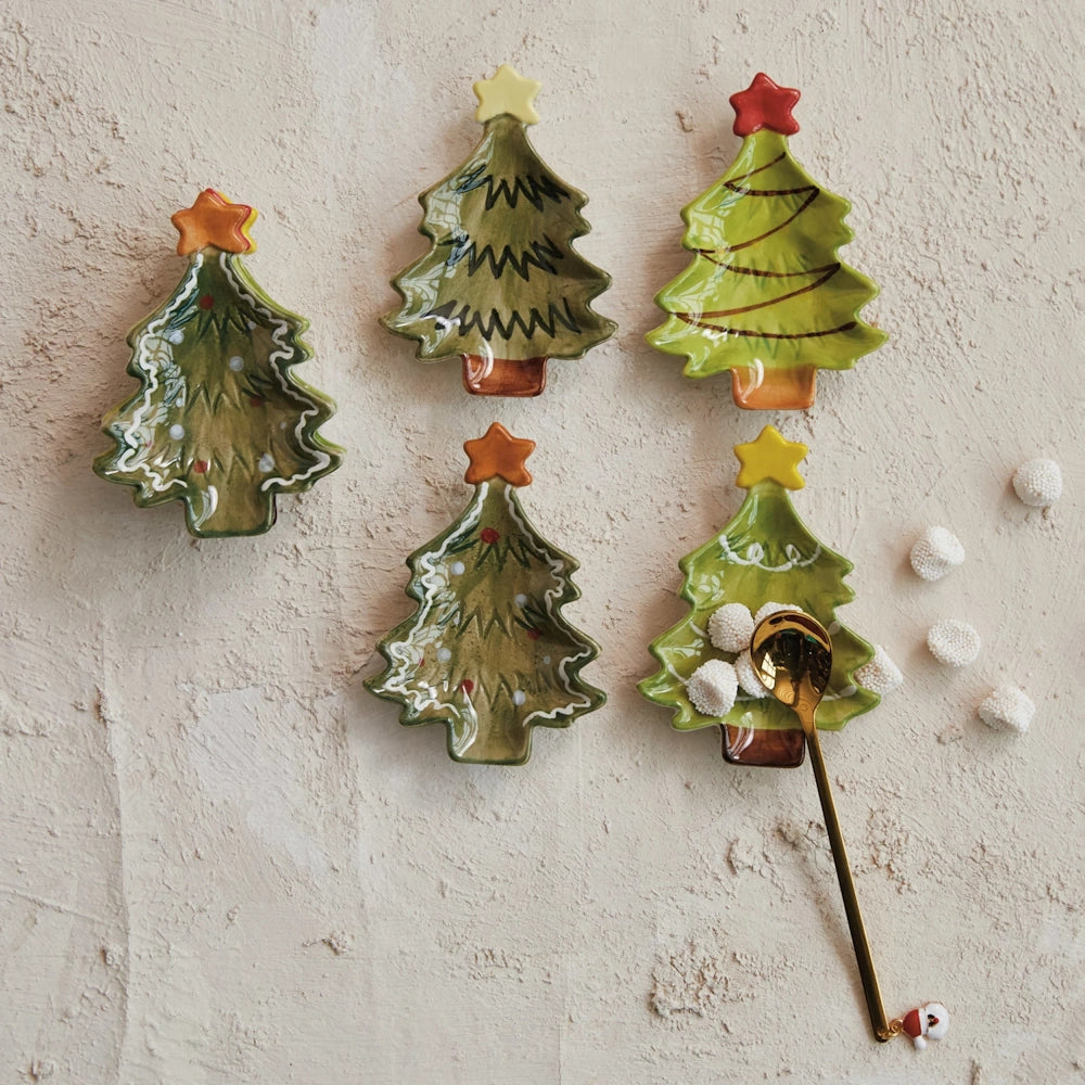 Hand-Painted Stoneware Christmas Tree Dish with Star