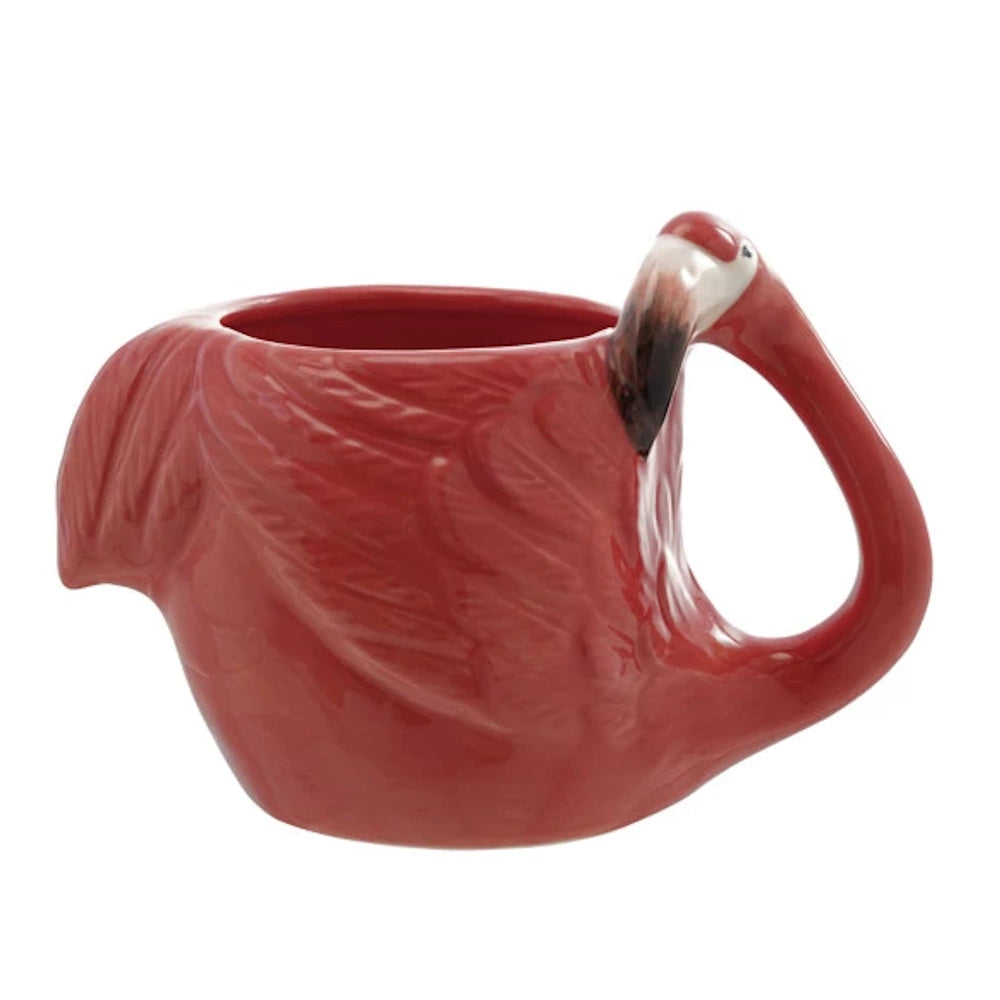 Hand-painted pink stoneware flamingo-shaped coffee mug with a curved neck handle and feather texture on a white background.