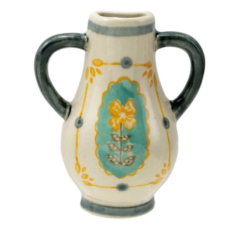 Hand-painted stoneware mini vase magnet with two handles, featuring a yellow floral design on a teal and cream background.