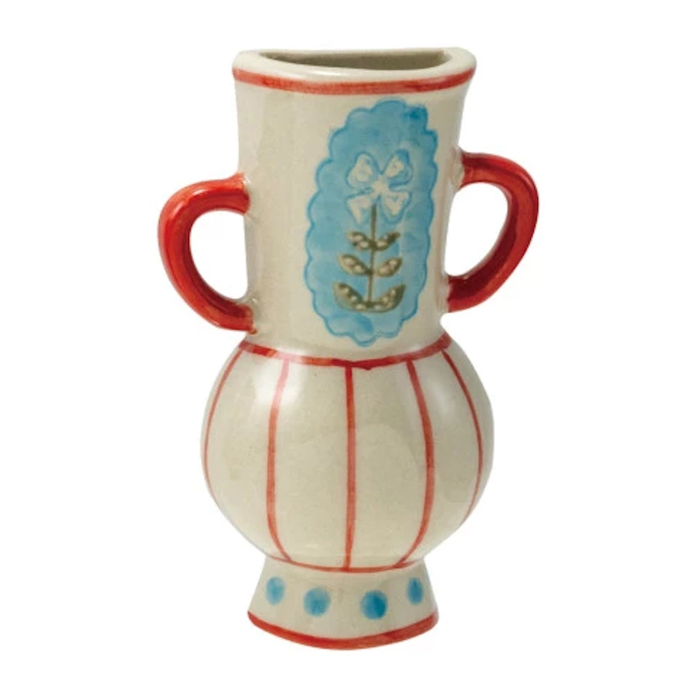 Hand-painted stoneware mini vase magnet with red handles, vertical stripes, and a blue floral medallion on a white background.