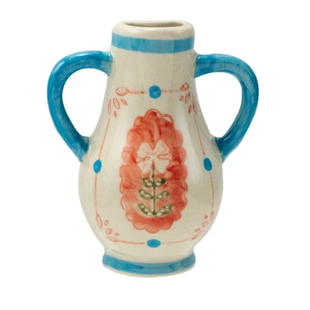 Cream ceramic bud vase with two handles, hand-painted with blue and red floral patterns.