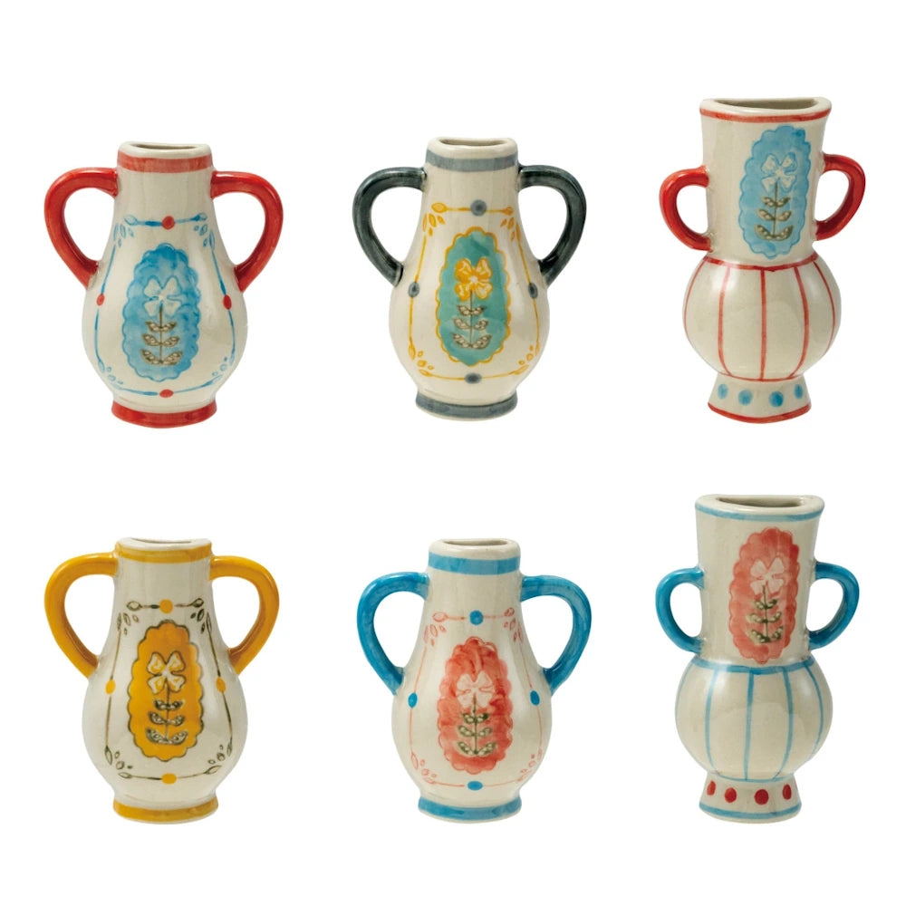 Six assorted hand-painted stoneware mini vase magnets featuring colorful floral designs and decorative handles.
