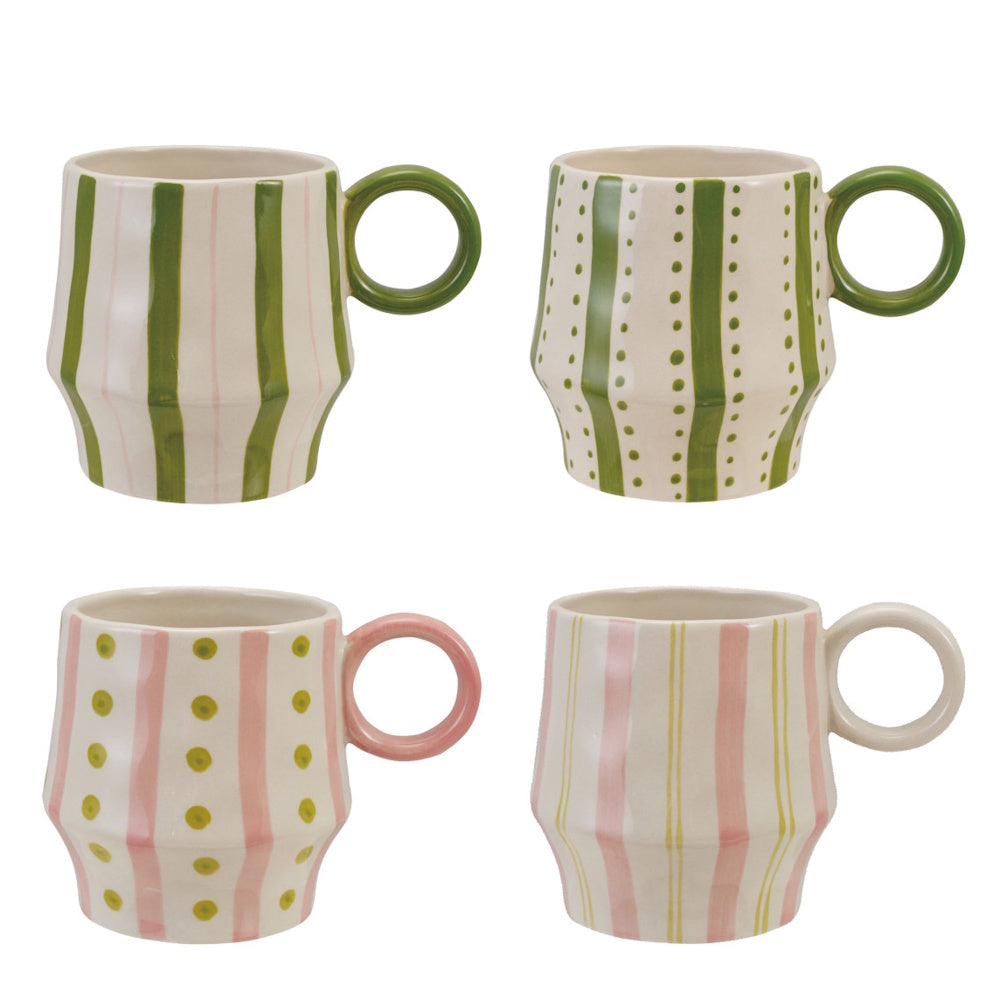 Set of four hand-painted ceramic mugs with green and pink striped patterns and round ring handles.