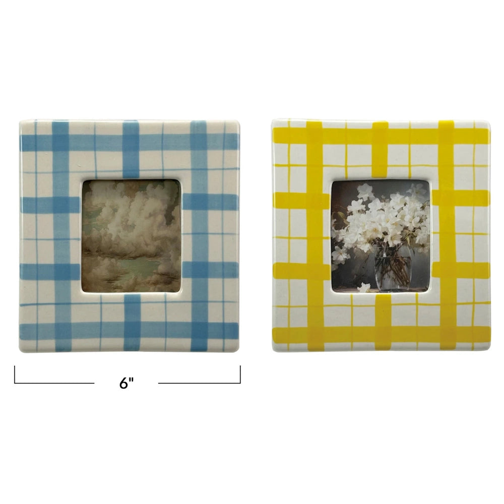 Two 6-inch square ceramic photo frames with blue and yellow plaid patterns, featuring cloud and floral art prints.