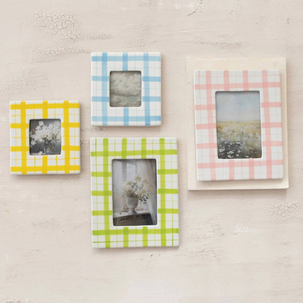 Hand-painted checkered ceramic photo frames in pastel colors, decorative wall art for cottagecore home decor.