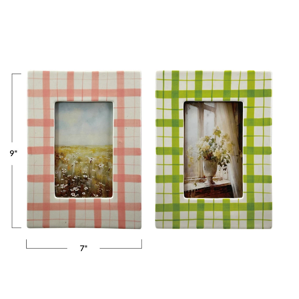 Pair of checkered gingham 7x9 photo frames, pink and lime green decorative home accents.