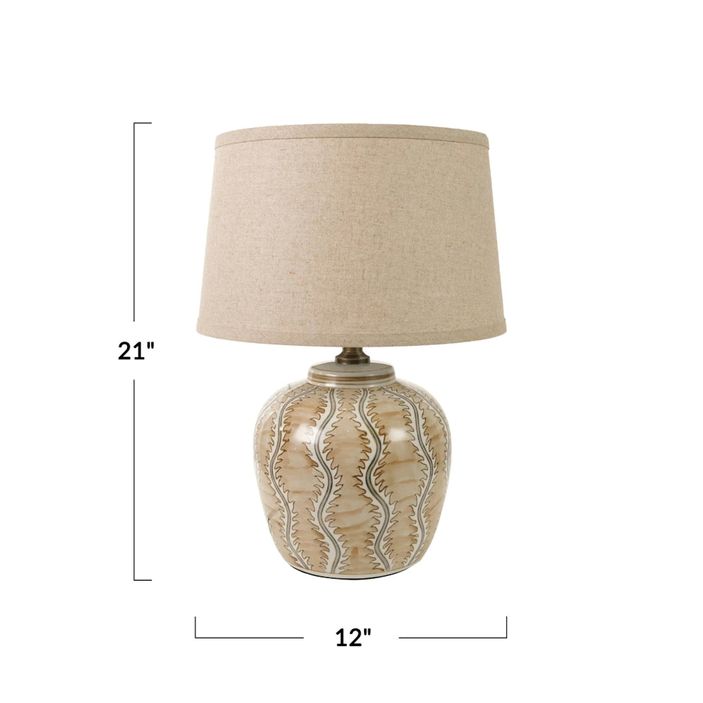 Front view of a hand-painted ceramic table lamp with dimension overlays indicating 21 inches height and 12 inches width.
