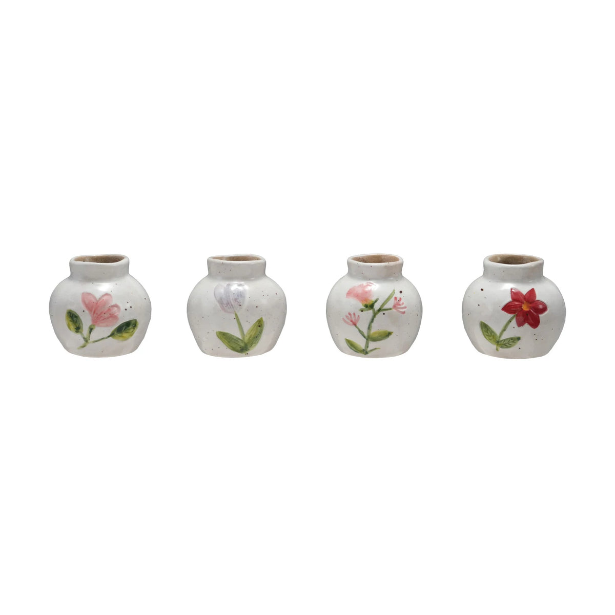 Set of four hand-painted white stoneware bud vases with various colorful floral designs on a white background.
