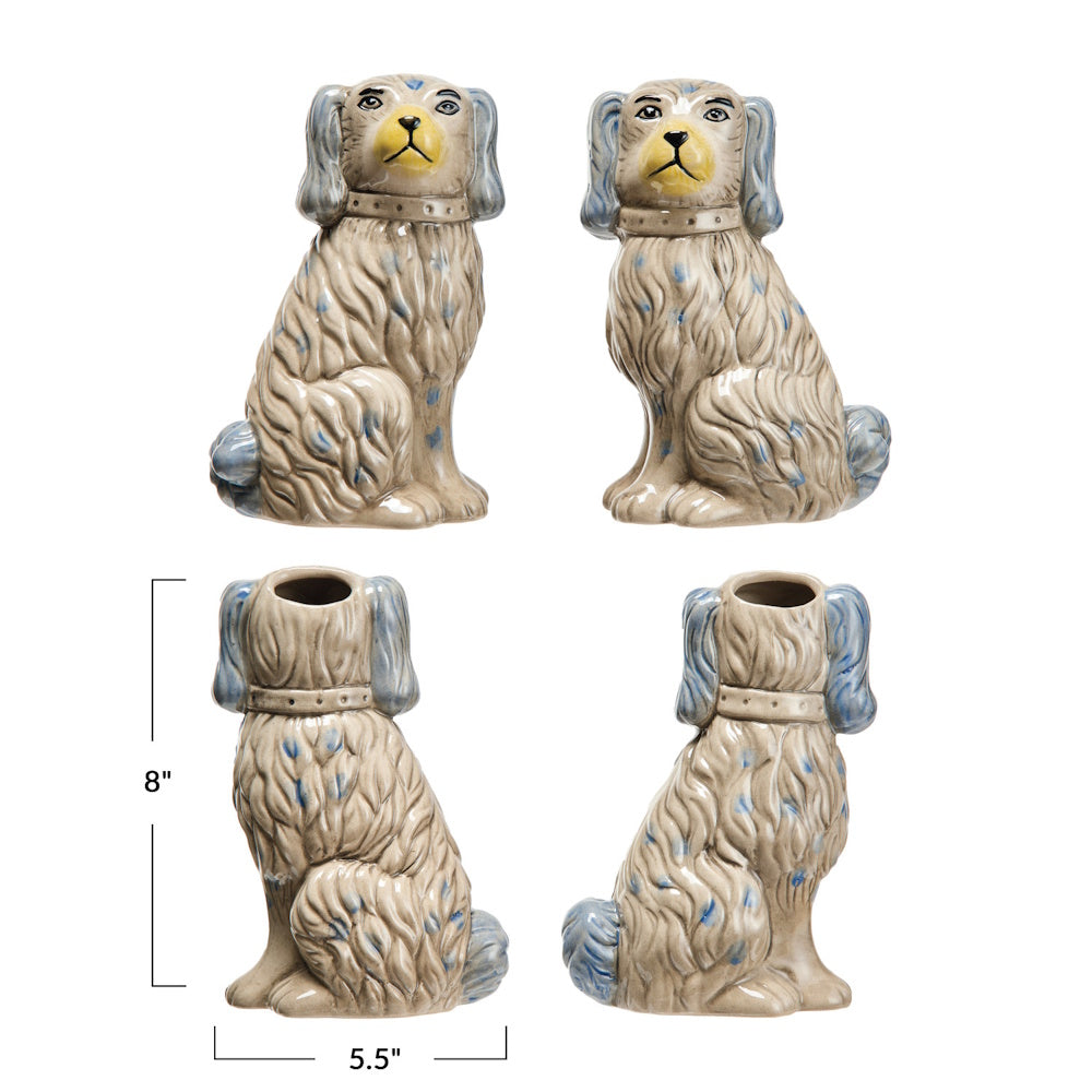 Four views of a hand-painted Staffordshire-style dog vase with blue spots. Dimensions listed as 8 inches by 5.5 inches.
