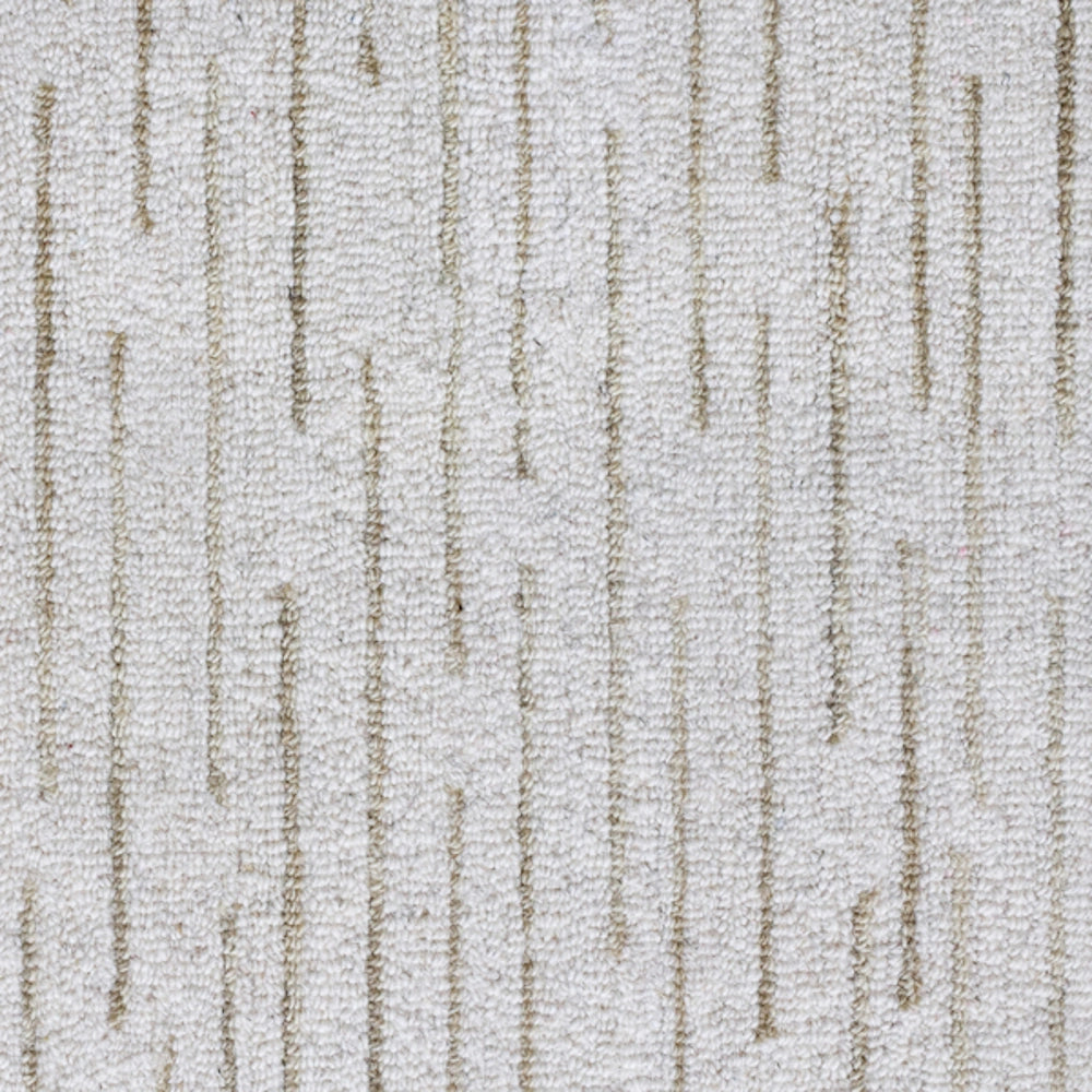 Overhead macro shot of a hand-tufted rectangle Babylon rug highlighting its neutral linear pattern.