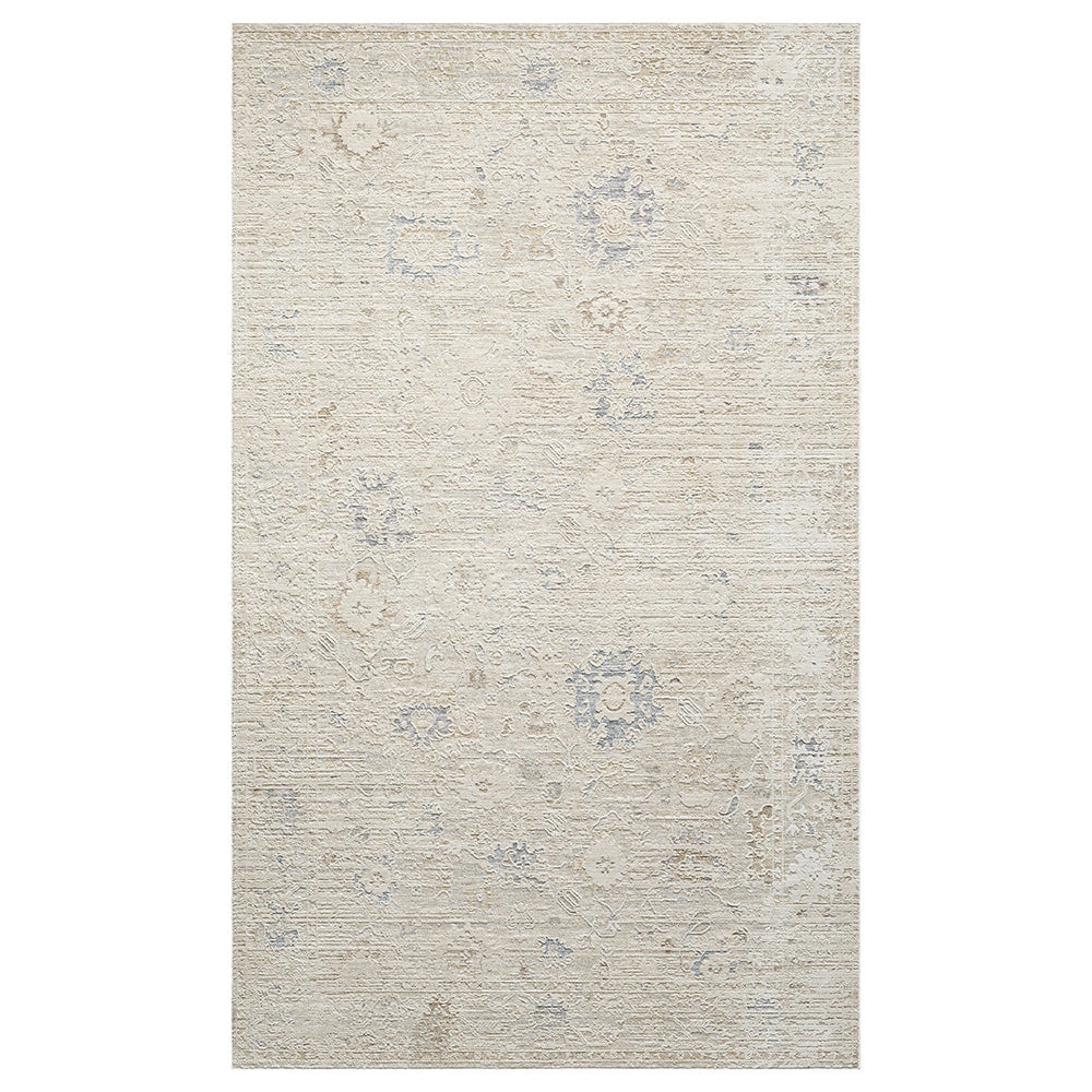 Safavieh Monaco distressed area rug, featuring a neutral cream background with gold and blue traditional patterns.