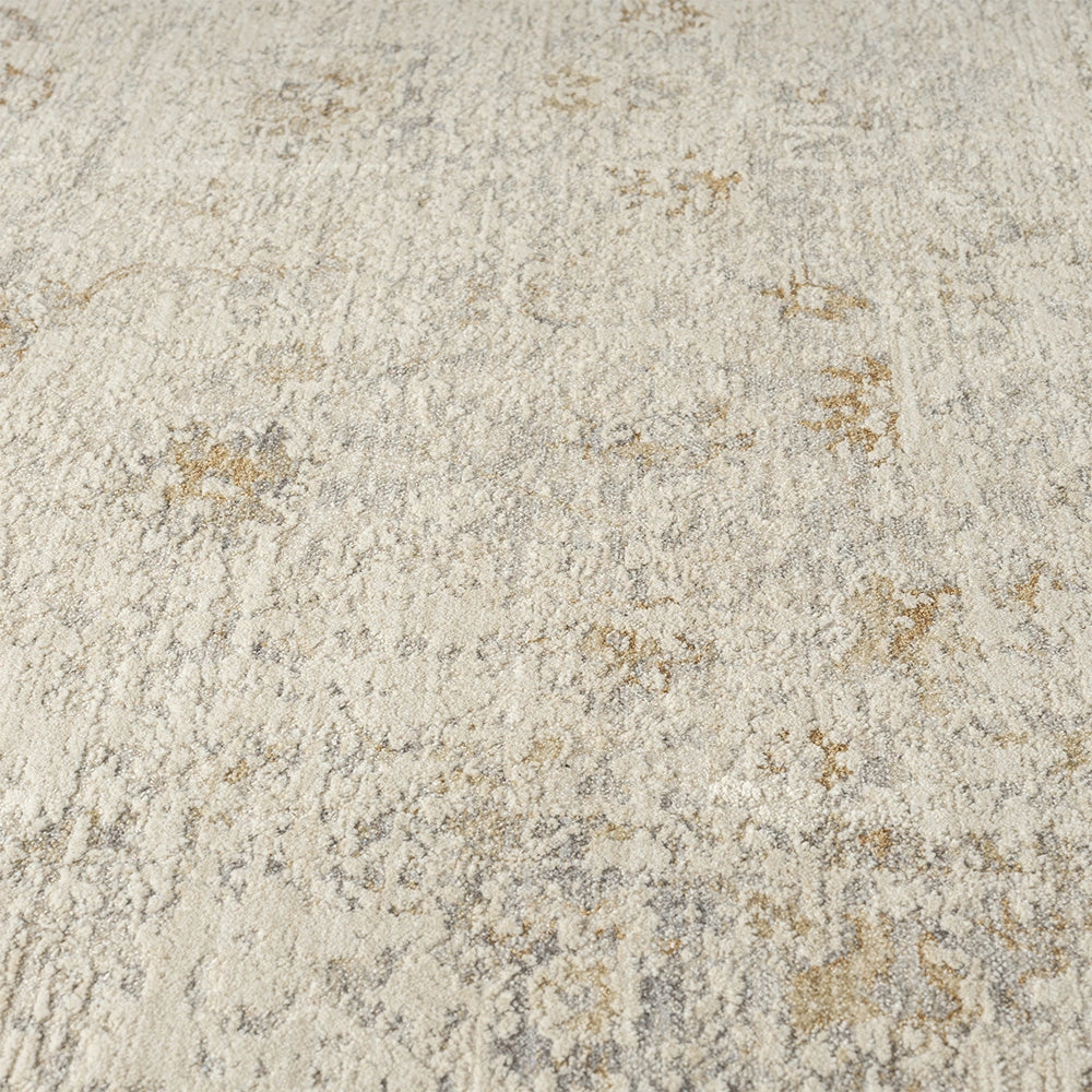 Close-up of a neutral Monaco rug with a distressed beige, cream, and gold traditional pattern and textured pile.