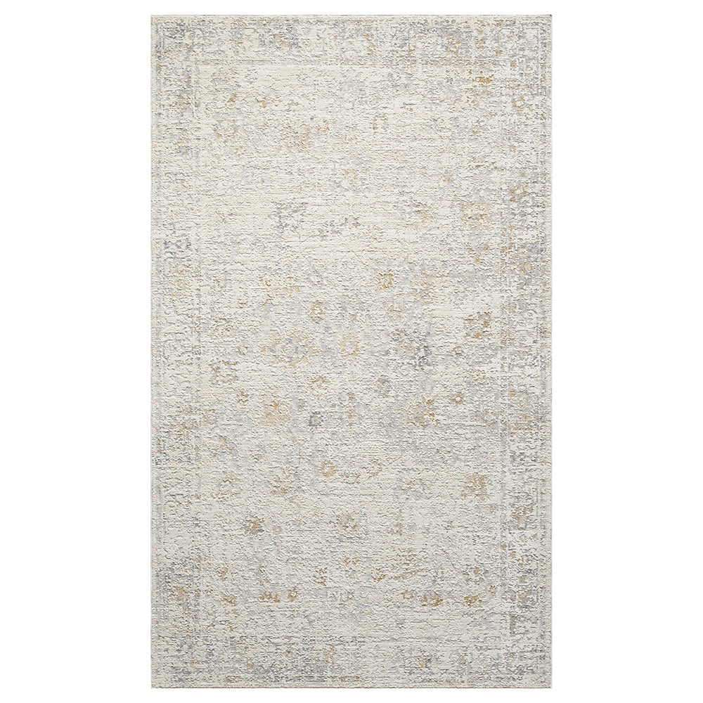 Distressed rectangular area rug with a vintage-style oriental pattern in muted shades of cream, beige, and grey.