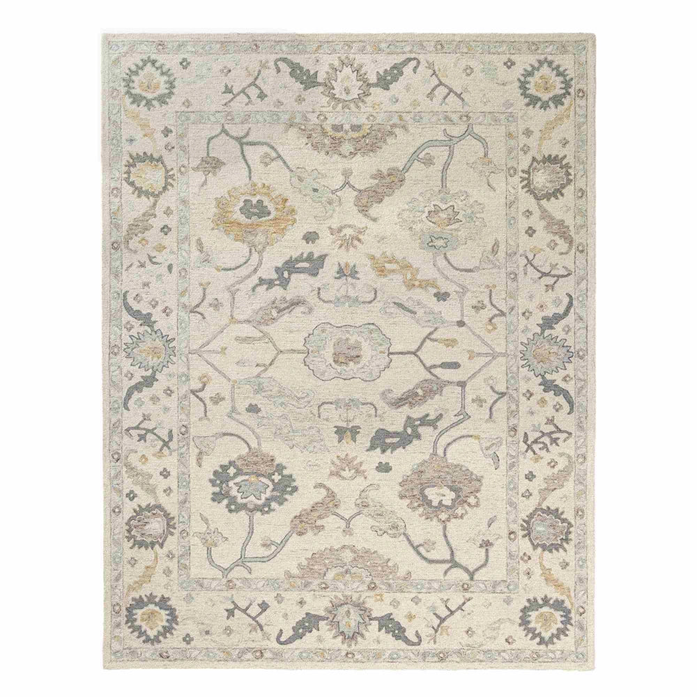 Hand-tufted cream rectangle Pallor rug with a multi colored traditional floral pattern.