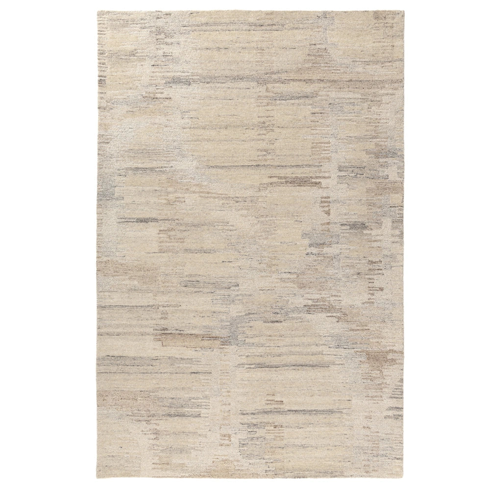 Cream hand tufted area rug with subtle abstract striated pattern and soft neutral contemporary design.