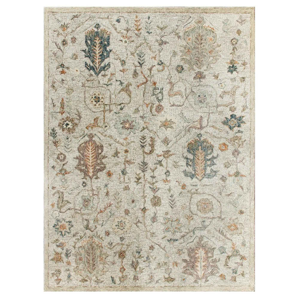 Ivory hand tufted rectangle vintage area rug with distressed traditional floral patterns and muted tones.