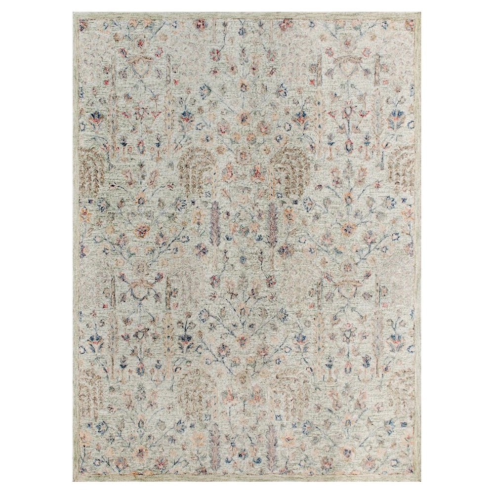 Hand-tufted rectangle vintage sage rug with an intricate pastel floral and botanical pattern.