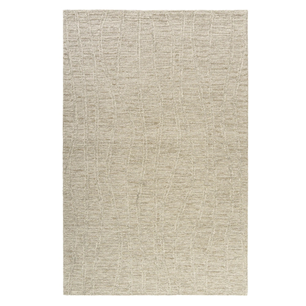 Hand-tufted beige rectangle area rug with textured wavy lines.