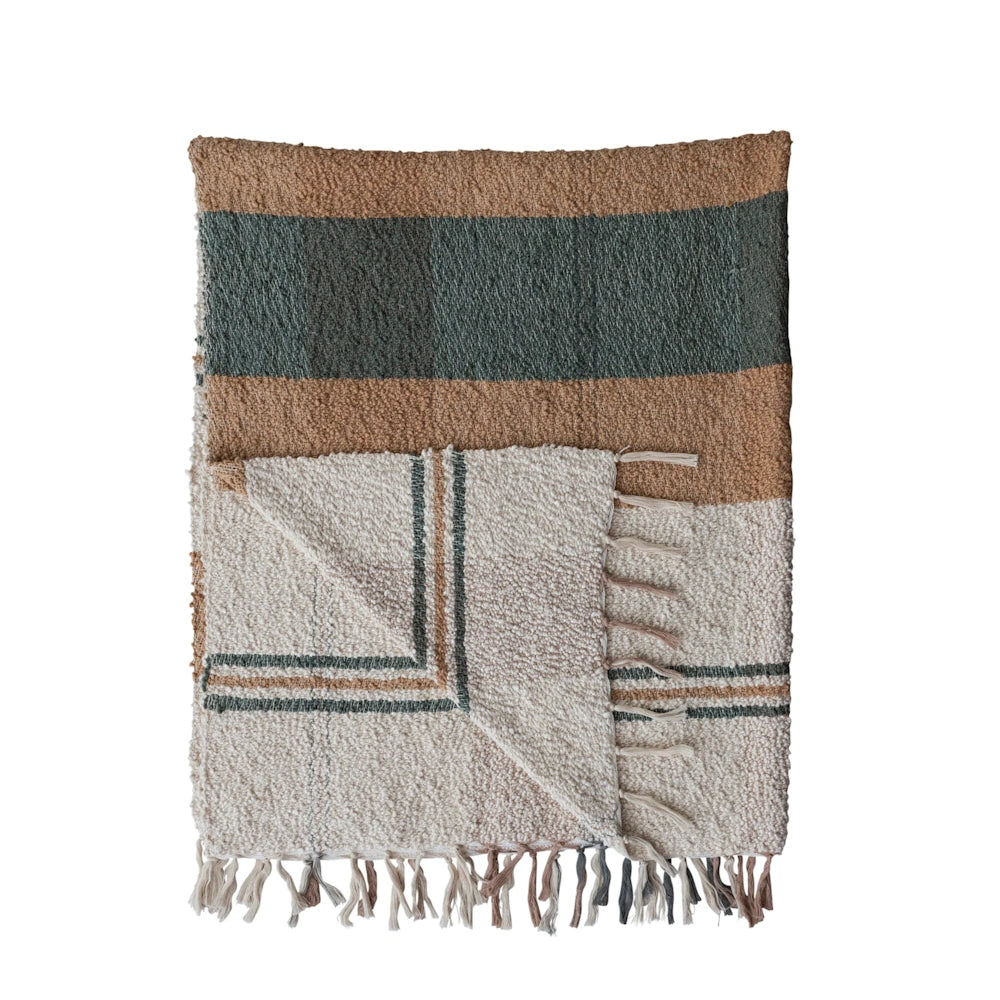 Folded view of a multi-colored hand-woven cotton throw blanket with a striped plaid pattern and fringe ends.