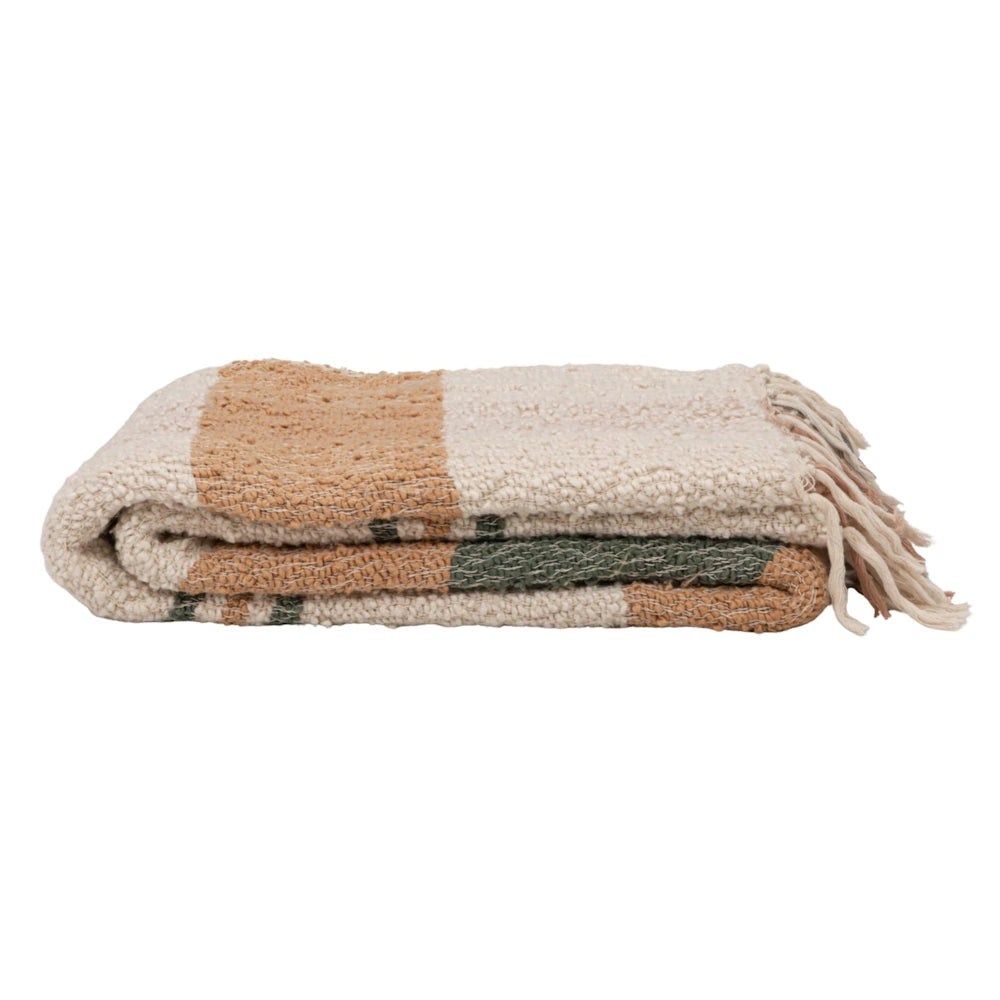 Side folded view of a multi-colored hand-woven cotton throw blanket with a striped plaid pattern and fringe ends.
