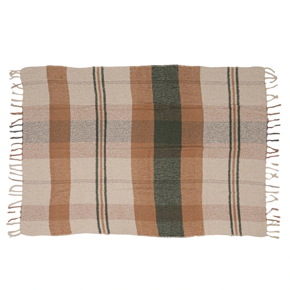 Full flat lay view of a multi-colored hand-woven cotton throw blanket with a plaid pattern and fringe trim.