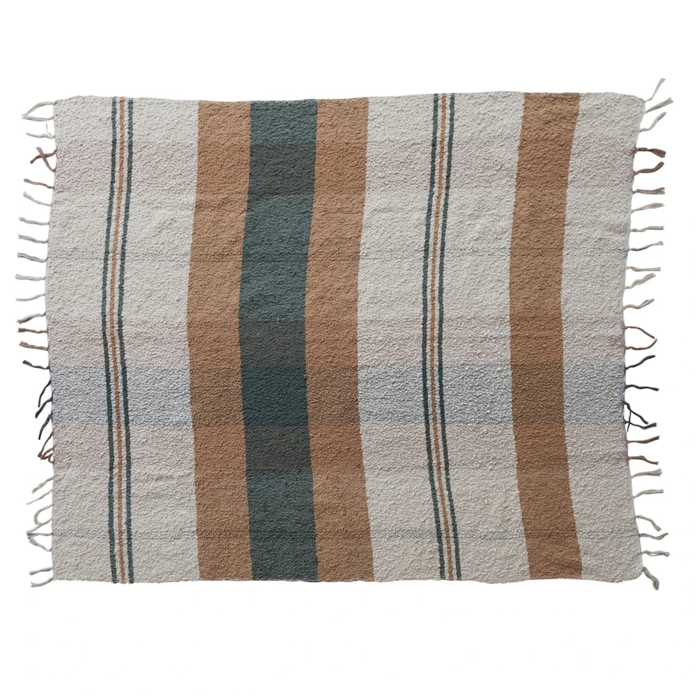 Flat lay view of a multi-colored hand-woven cotton throw blanket with a striped plaid pattern and fringe ends.