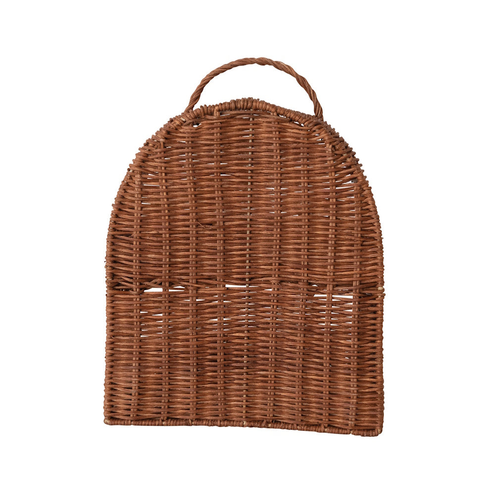 Back view of a hand-woven brown rattan 2-tier hanging basket with a curved top and integrated carrying handle.