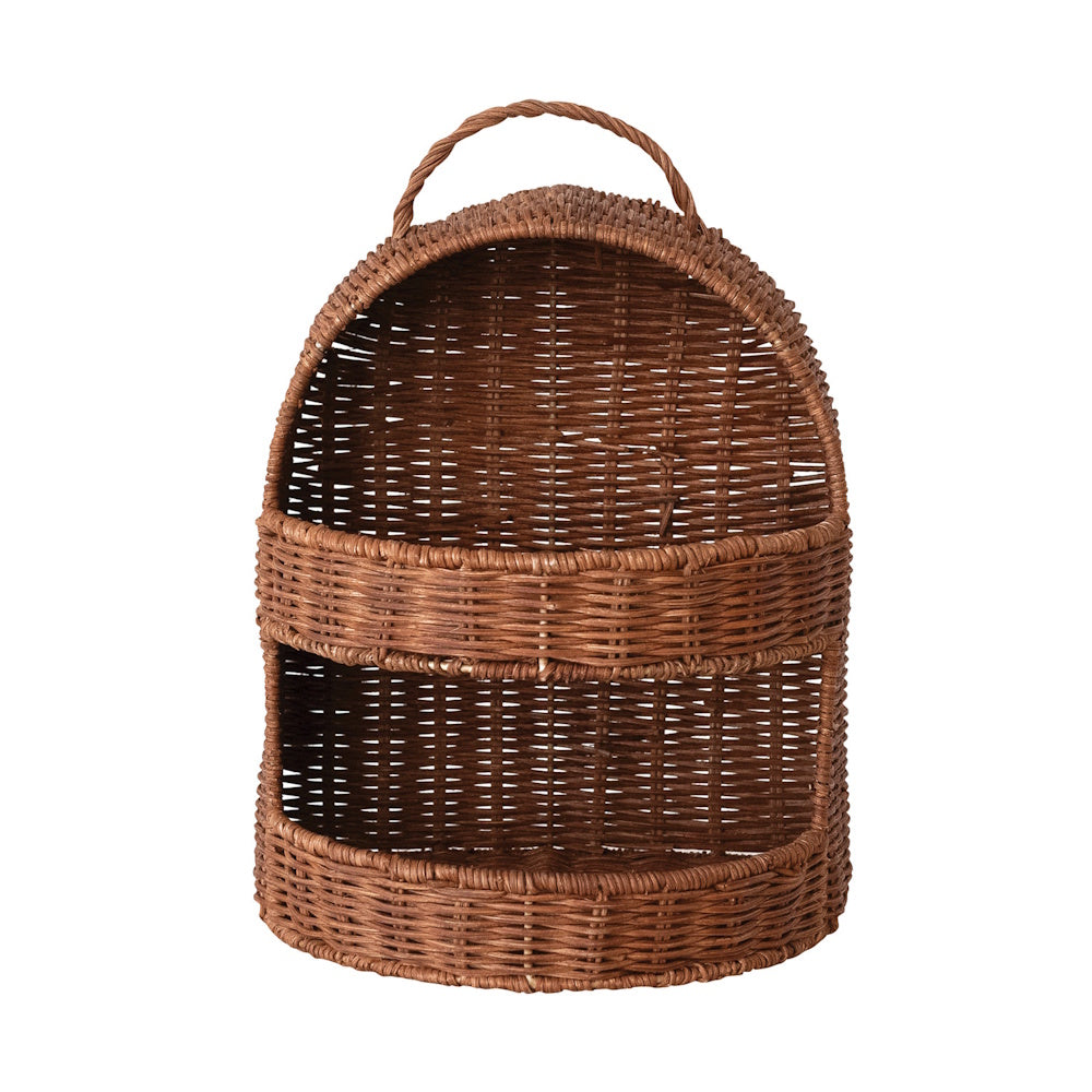 Hand-woven 2-tier rattan wall basket with handle, front view of brown wicker tiered storage organizer on white background.