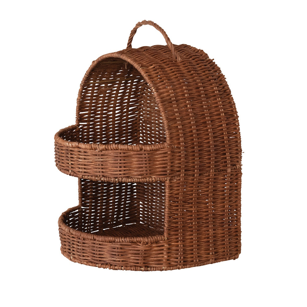 Hand-woven brown rattan 2-tier basket with handle. Eco-friendly tiered storage organizer for home decor.