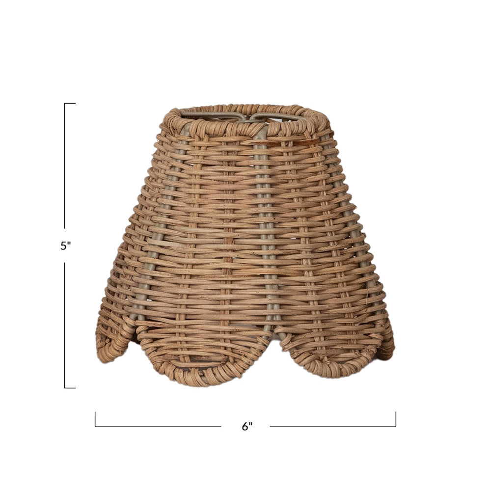 Woven seagrass lamp shade with a scalloped base, marked as 5 inches high and 6 inches wide.