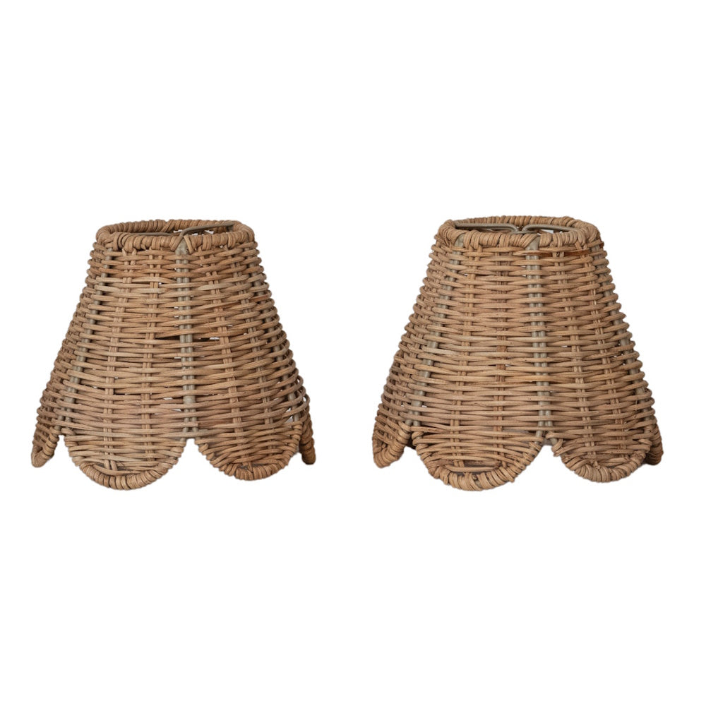 Two woven rattan mini lamp shades with scalloped edges side by side against a solid white background.