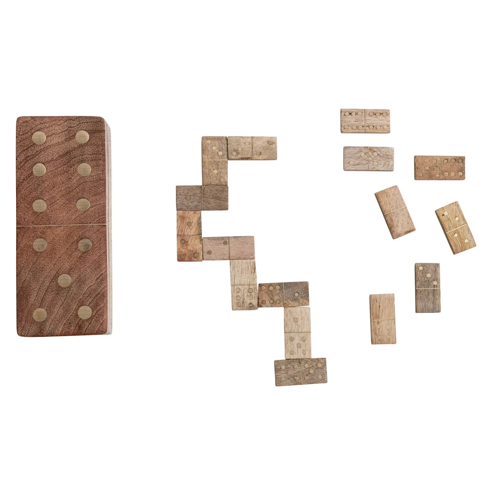 Handmade mango wood dominoes with brass inlay and matching storage box. Rustic tabletop game set for home decor.