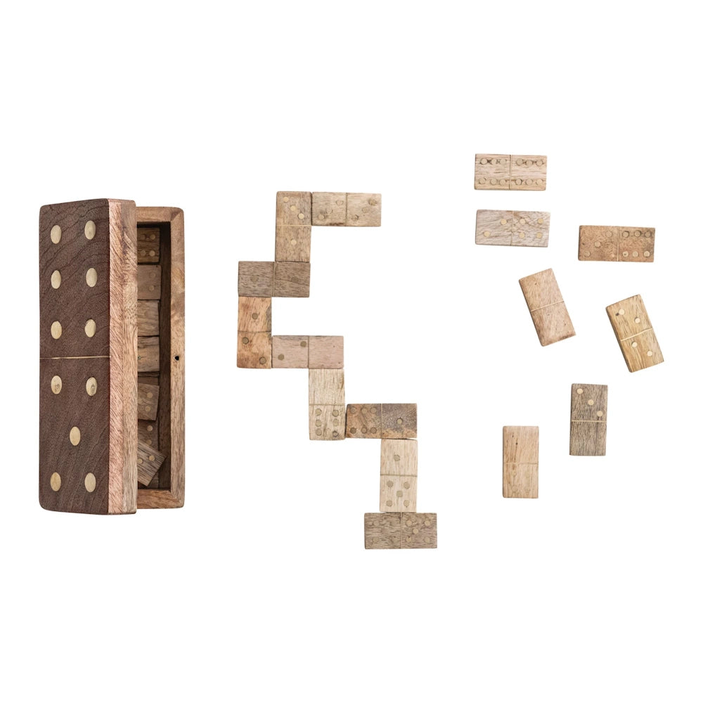 Handmade wooden dominoes with brass inlays and a matching mango wood storage box on a white background.