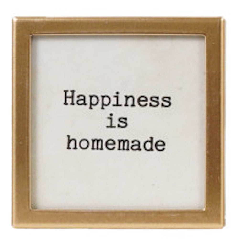 Square gold-framed magnet with text "Happiness is homemade".