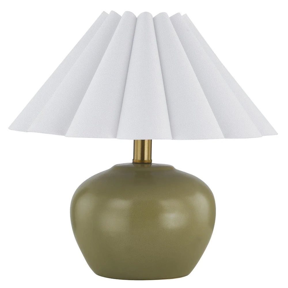 Small sage green ceramic table lamp with a white pleated shade and gold neck for minimalist home decor.