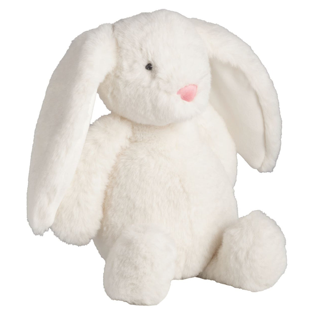 Soft white plush bunny toy with long floppy ears and a pink nose, sitting against a white background.