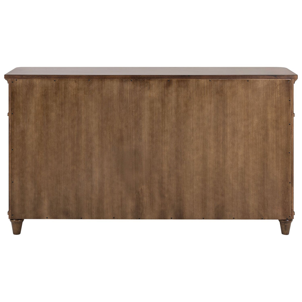 Back view of the Harrison Heights wood buffet, featuring a smooth brown finish and tapered turned feet on a white background.