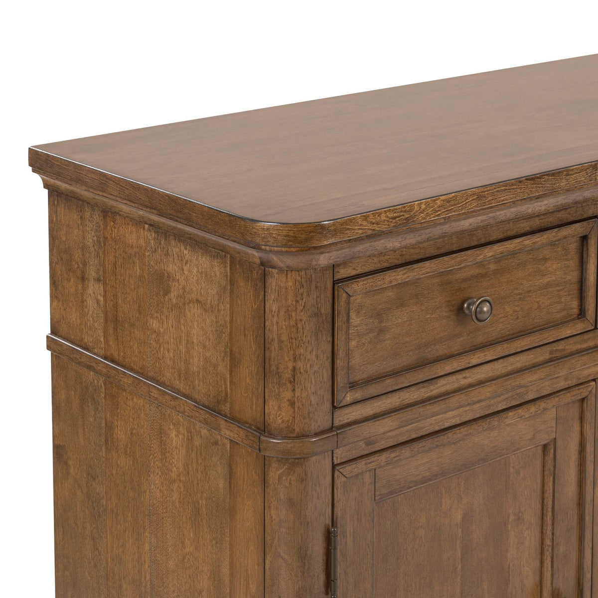 Close-up of a Harrison Heights wood buffet featuring a warm brown finish, rounded corners, and a classic metal drawer knob.