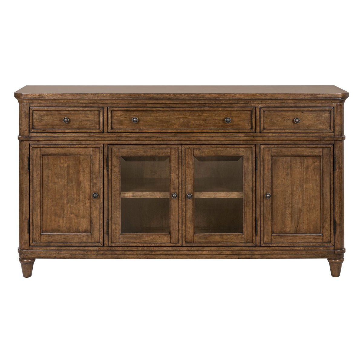 Harrison Heights dark wood buffet server with three top drawers and four lower cabinet doors with glass inserts.