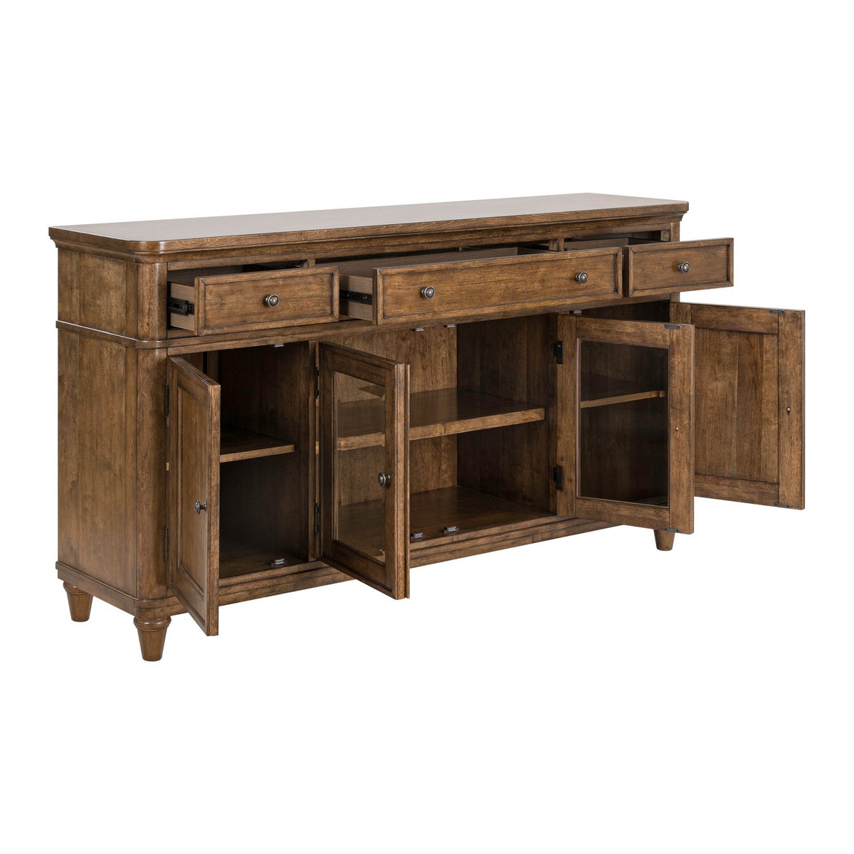 A classic medium brown wood sideboard with an open center drawer revealing silver flatware, glass-front cabinets and side doors.
