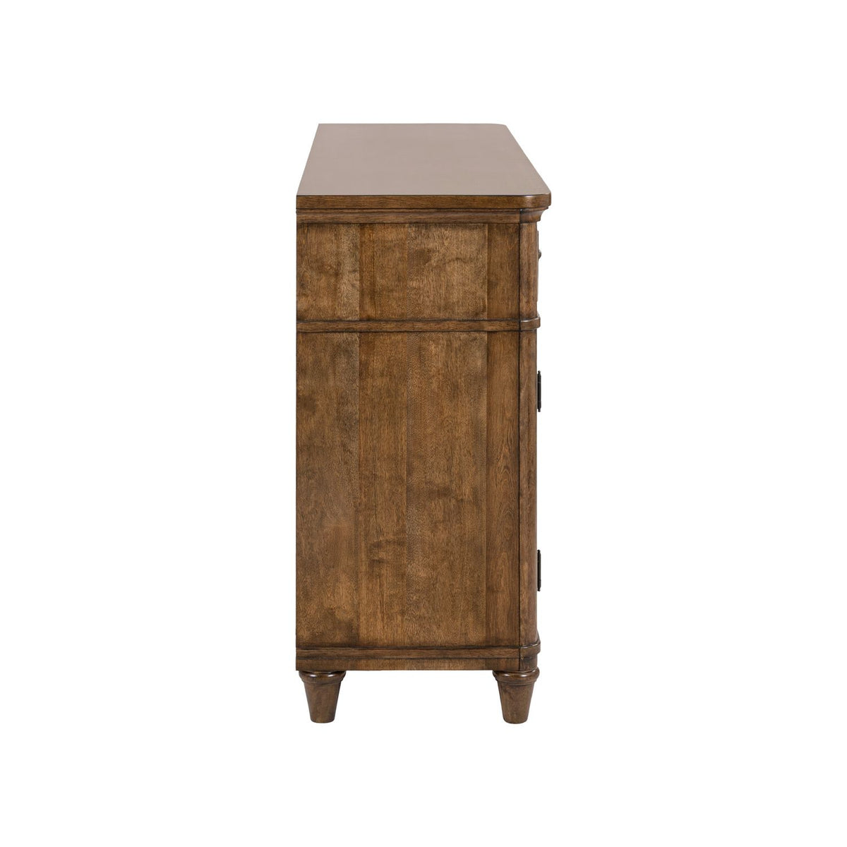 Side profile of a Harrison Heights wood buffet cabinet in a warm brown finish with tapered legs and traditional molding.