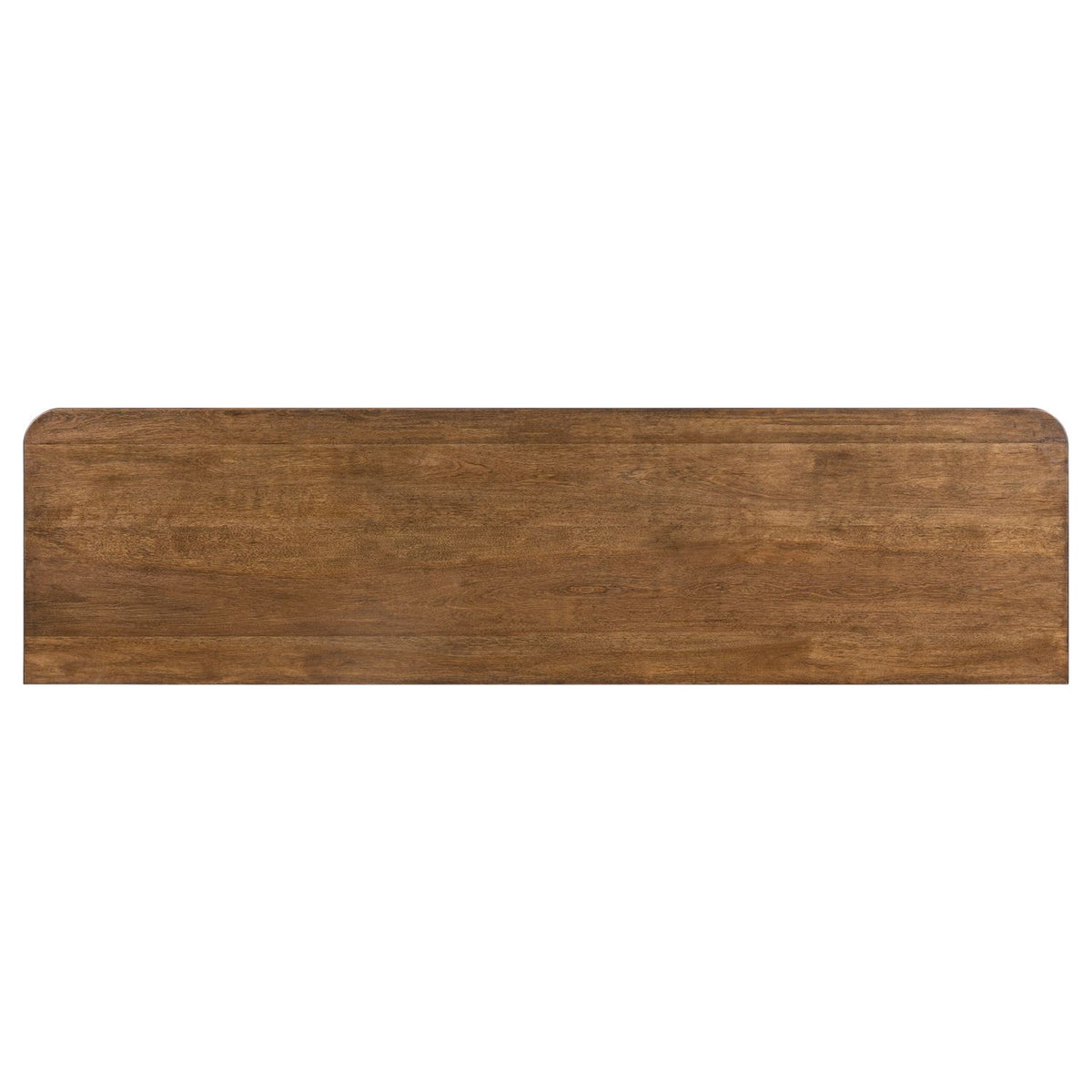 Top-down view of a Harrison Heights buffet tabletop featuring a rich brown wood grain finish and rounded corners.